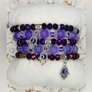 BEAUTIFUL PURPLE BEADED BRACELETS WITH HAMSA CHARMS (set of 5)